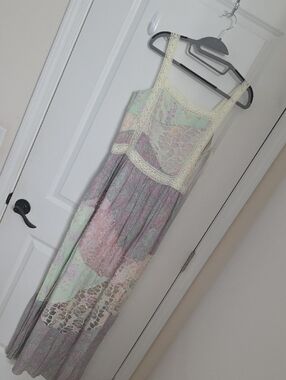 Boho Crochet-Trim Maxi Dress in Pastel Mint & Pink